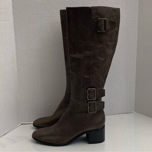 Franco Sarto Brown Leather Knee High Riding Boots Women’s 6M Triple Buckle Zip